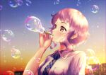  1girl afrobluescombo backlighting bubble bubble_pipe highres idolmaster idolmaster_million_live! idolmaster_million_live!_theater_days makabe_mizuki necktie profile school_uniform solo sunset tareme yellow_eyes 