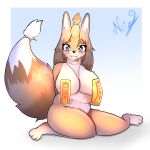  absurd_res anthro big_breasts blonde_hair breasts canid canine clothed clothing colored digital_drawing_(artwork) digital_media_(artwork) female fluffly fox fur hair hi_res kemono mammal milk ncize skimpy slightly_chubby solo tail yellow_body yellow_fur 