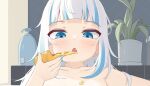  1girl :o ahoge bath bathing bathtub blue_eyes blue_hair blue_nails food food_on_body gawr_gura holding holding_food holding_pizza hololive hololive_english indoors long_hair multicolored_hair nude partially_submerged pizza pizza_slice plant shark_girl solo streaked_hair tenroy virtual_youtuber white_hair 