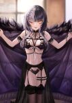  1girl absurdres black_hair black_nails blurry blurry_background blush breasts chain cleavage day fangs feet_out_of_frame fingernails garter_belt garter_straps grey_hair hair_ornament hands_up highres holding holding_clothes hololive hololive_english indoors legs_together lingerie long_hair looking_at_viewer medium_breasts multicolored_hair nail_polish naughty_face navel one_eye_closed open_mouth outstretched_arms over-kneehighs panties shiori_novella smile solo split-color_hair spread_arms standing stomach thigh_gap thighhighs tongue tongue_out two-tone_hair underwear virtual_youtuber window yellow_eyes zolomon_(jarvis_lin) 
