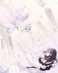  2girls absurdres angel_wings barefoot black_bow black_hair bow column dated dress falling feet green_eyes gyeou_lee halo highres long_dress long_hair looking_at_another multiple_girls open_mouth original pillar purple_eyes ruins signature white_dress wings 
