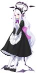  1girl absurdres ahoge alternate_costume apron black_footwear blue_archive commentary_request demon_girl demon_horns demon_wings enmaided forehead frilled_apron frills full_body gloves hair_ornament hairclip halo highres hina_(blue_archive) horns inapple long_hair long_sleeves looking_at_viewer maid maid_apron maid_headdress mary_janes pantyhose parted_bangs ponytail purple_eyes shoes sidelocks simple_background solo standing v_arms wavy_hair white_apron white_background white_gloves white_hair white_pantyhose wings 
