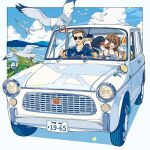  1boy 1girl animal_collar aviator_sunglasses bird blue_eyes blue_sky braid brown_hair car cloud cloudy_sky collar dog driving food gingham_dress hawaiian_shirt highres holding holding_food ice_cream keishin license_plate long_hair motor_vehicle mountainous_horizon one_eye_closed open_mouth original palm_tree pug seagull shirt short_hair sky smile sunglasses tree twin_braids white_shirt 