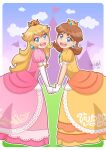  2girls artist_name blonde_hair blue_eyes brown_hair cloud cloudy_sky crown dated dress earrings elbow_gloves gloves happy holding_hands icrisuchiha jewelry long_hair looking_at_viewer mario_(series) multiple_girls open_mouth princess_daisy princess_peach purple_sky short_hair signature sky smile teeth upper_teeth_only watermark white_gloves 