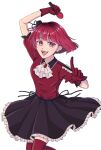  1girl absurdres am_jaku arima_kana black_skirt bob_cut dress gloves happy hat highres idol idol_clothes inverted_bob open_mouth oshi_no_ko red_dress red_eyes red_gloves red_hair short_hair skirt smile solo 