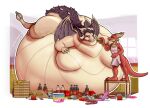  anthro beverage big_breasts breasts dessert doughnut dragon duo featureless_breasts feeding female food horn huge_breasts hyper hyper_breasts ice_cream immobile kobold larger_female lazygartuz male mcdonald&#039;s meat motion_lines pizza red_body sausage sausage_link scalie size_difference smaller_male soda soda_bottle sound_effects stuffing tan_body text unknown_character wings 