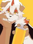  2023 absurd_res anthro arknights canid canine canis domestic_dog fur hair hi_res horn hung_(arknights) hypergryph long_hair looking_at_viewer male mammal orange_hair paint simple_background solo spray_paint studio_montagne tan_body tan_fur v_aoii white_body white_fur white_hair yellow_background yellow_eyes 