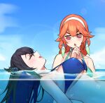  afloat bare_shoulders black_hair blue_hair blush breasts colored_inner_hair dasdokter demon_horns female_pervert highres hololive hololive_english horns large_breasts long_hair multicolored_hair nerissa_ravencroft orange_hair partially_submerged pervert smile swimming swimsuit takanashi_kiara two-tone_hair virtual_youtuber water 
