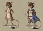  2018 accessory anthro belt breasts brown_body brown_fur brown_hair cape clothing digital_media_(artwork) digitigrade ear_piercing ear_ring female fur furgonomics genitals hair hand_on_hip leather_bracer looking_aside mammal melee_weapon mouse murid murine navel nipples piercing pouch_(clothing) pussy ring_piercing rodent shield short_hair silenthowl simple_background solo standing sword tail tail_accessory weapon 