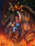  absurd_res anthro blue_overalls boots bowser chain clothing coin destroying_object dragon duo facial_hair fighting_pose fire fist footwear hat headgear headwear hi_res human jake_pleshe_art koopa male male/male mammal mario mario_bros muscular muscular_anthro muscular_male mustache nintendo pose raised_arm raised_fist red_clothing red_eyes red_hat red_headwear scalie signature tattoo 