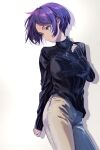  1girl blue_eyes breasts highres jewelry large_breasts looking_to_the_side necklace original pants purple_hair rasetsu001 ribbed_sweater shadow short_hair solo standing sweater turtleneck turtleneck_sweater white_background 