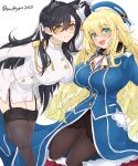  2girls animal_ears atago_(azur_lane) atago_(kancolle) azur_lane beret black_gloves black_hair black_pantyhose black_thighhighs blonde_hair blue_eyes blue_headwear blush breast_press breasts chamumi_(mochiumee) crossover garter_straps gloves hair_between_eyes hair_ribbon hat highres holding_hands kantai_collection large_breasts leg_up long_hair long_sleeves looking_at_viewer military_uniform multiple_girls open_mouth orange_eyes pantyhose ribbon simple_background smile thighhighs twitter_username uniform white_background white_gloves white_ribbon 