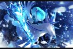  blurry calyrex calyrex_(ice_rider) commentary_request from_side glastrier glowing highres ice kuroiro_otento night no_humans outdoors pokemon pokemon_(creature) riding riding_pokemon snowing 