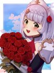  1girl :d armor blunt_bangs blush bouquet braid brown_eyes flower gauntlets genshin_impact grey_hair hair_flower hair_ornament highres holding holding_bouquet long_hair noelle_(genshin_impact) open_mouth red_flower red_rose rose shoulder_armor signature smile solo upper_body yumich 