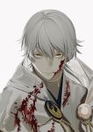  1boy absurdres blood blood_on_clothes blood_on_face expressionless highres hood japanese_clothes kimono looking_at_viewer male_focus murasaki500 pale_skin solo touken_ranbu tsurumaru_kuninaga upper_body white_background white_hair yellow_eyes 