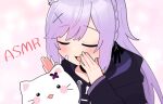  :3 animal_ears asmr bandaid bandaid_on_face black_ribbon blunt_bangs blush blush_stickers braid cat cat_ears closed_eyes collar ear_piercing hood hoodie indie_virtual_youtuber light_purple_hair long_hair mikeneko_(utaite) piercing pink_background ribbon sakana_(saka11205) sparkle_background whispering white_cat 