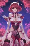  1girl alternate_costume breasts chest_jewel cleavage doiparuni hand_on_own_chest highres hip_vent large_breasts looking_at_viewer night pyra_(xenoblade) pyra_(xenoblade)_(prototype) red_eyes red_hair short_hair sitting solo upper_body xenoblade_chronicles_(series) xenoblade_chronicles_2 