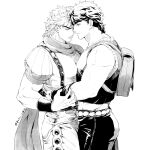  2boys backpack bag closed_eyes closed_mouth commentary_request couple dio_brando facing_another fingerless_gloves gloves grm_jogio hug jojo_no_kimyou_na_bouken jonathan_joestar male_focus medium_hair monochrome multiple_boys muscular muscular_male pants phantom_blood scarf short_hair suspenders twitter_username vampire yaoi 