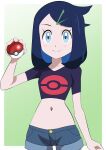  1girl absurdres aqua_eyes blue_hair blush border closed_mouth cropped_shirt eyelashes green_background hainchu hair_ornament hairclip hand_up highres holding holding_poke_ball liko_(pokemon) long_hair navel poke_ball poke_ball_(basic) poke_ball_print pokemon pokemon_(anime) pokemon_horizons shirt short_sleeves shorts smile solo split_mouth white_border 