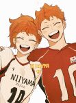  1boy 1girl arm_around_shoulder blush brother_and_sister eyelashes haikyuu!! hinata_natsu hinata_shouyou jersey o_(o_jpi7) open_mouth orange_hair ponytail short_sleeves siblings simple_background sportswear volleyball_uniform white_background 