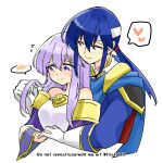  1boy 1girl bare_shoulders blue_cape blue_eyes blue_hair blush breasts brother_and_sister cape circlet dress fire_emblem fire_emblem:_genealogy_of_the_holy_war headband holding_another&#039;s_hair holding_hands hug hug_from_behind implied_incest incest julia_(fire_emblem) long_hair ponytail purple_cape purple_eyes purple_hair seliph_(fire_emblem) siblings simple_background spoken_expression white_headband wide_sleeves yukia_(firstaid0) 