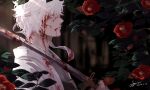  1boy aya_shiro423 blood blood_on_clothes blood_on_face blood_on_weapon dated day flower gintama headband highres holding holding_weapon outdoors profile red_eyes red_flower sakata_gintoki solo upper_body weapon white_hair white_headband 