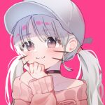  1girl :3 baseball_cap black_choker blush brown_eyes brown_sweater choker closed_mouth collarbone commentary_request grey_hair grey_headwear hat kuri_choko long_hair long_sleeves looking_at_viewer low_twintails off-shoulder_sweater off_shoulder original parted_bangs pink_background puffy_long_sleeves puffy_sleeves simple_background sleeves_past_wrists solo sweater twintails upper_body whiskers 