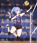  1girl absurdres ball black_shorts blue_eyes blue_hair blue_nails blurry blurry_background highres hololive hoshimachi_suisei jersey jumping knee_pads light_particles ma_draws parted_lips playing_sports ponytail short_shorts shorts solo sportswear star_(symbol) star_in_eye symbol_in_eye thighs virtual_youtuber volleyball volleyball_(object) volleyball_net volleyball_uniform 