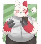  2022 anthro belly big_belly biped blush bottomwear claws clothed clothing digital_media_(artwork) dress_shirt generation_3_pokemon hi_res jimmyzangoo male nintendo notebook pen pokemon pokemon_(species) shirt simple_background solo topwear zangoose 