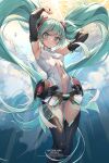  1girl absurdly_long_hair aqua_eyes aqua_hair armpits arms_up ass_visible_through_thighs bare_shoulders birthday breasts bridal_gauntlets center_opening closed_mouth elbow_gloves feet_out_of_frame gloves hatsune_miku hatsune_miku_(append) highres hip_gear kuro-kun_(nablack) long_hair looking_at_viewer midriff navel necktie smile solo swept_bangs thigh_gap thighhighs twintails underwater very_long_hair vocaloid vocaloid_append 