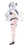  1girl ass bandaged_wrist bandages black_choker black_footwear black_wings blue_eyes blush choker feathered_wings grey_hair halo highres hiuzawa_reira indie_virtual_youtuber moemoepiano open_mouth revealing_clothes simple_background solo thigh_strap virtual_youtuber white_background wings 