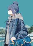  1girl absurdres bag blue_hair denim denim_jacket hair_bun handbag highres hood hoodie jacket leadin_the_sky outdoors pink_eyes shima_rin solo yurucamp 