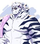  abs anthro biceps black_stripes claws clothed clothing dislyte eyewear finger_claws fur hair hi_res jin_qiu looking_at_viewer male muscular muscular_anthro muscular_arms muscular_male nhojtea pecs ponytail short_ponytail solo striped_body striped_fur stripes sunglasses topless towel_on_shoulder wet wet_body wet_fur white_body white_fur 