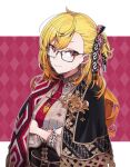  1girl blonde_hair bracelet cloak crossed_arms earrings glasses hair_ribbon highres hololive hololive_indonesia jewelry kaela_kovalskia kaela_kovalskia_(3rd_costume) long_hair mitsumine_(ookami_no_oyashiro) necklace necktie official_alternate_costume official_alternate_hairstyle one_side_up pendant red_eyes red_necktie ribbon smile solo upper_body virtual_youtuber 