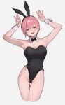  1girl absurdres alternate_costume animal_ears bare_legs black_bow black_bowtie black_leotard blue_eyes blush bow bowtie commentary_request detached_collar fake_animal_ears go-toubun_no_hanayome grey_background hands_up highres leotard looking_at_viewer nakano_ichika open_mouth pink_hair playboy_bunny rabbit_ears short_hair simple_background smile solo sooon 