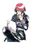  1boy baozi belt crossed_legs eating food hair_over_one_eye hanabusashu highres holding holding_food holding_paper jacket long_sleeves looking_down male_focus master_detective_archives:_rain_code necktie paper purple_jacket red_hair shirt short_hair simple_background sitting solo white_background white_belt white_shirt yomi_hellsmile 
