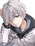  1boy black_eyes black_hoodie blue_lock hand_up head_rest highres hood hood_down hoodie jacket long_sleeves looking_at_viewer male_focus nagi_seishirou one_eye_closed seyanaso short_hair simple_background solo upper_body white_background white_hair white_jacket 