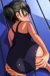  1girl absurdres all_fours ass bench black_hair blush brown_eyes commentary_request competition_school_swimsuit feet_out_of_frame from_above hands_on_own_ass high_ponytail highres kneeling looking_at_viewer looking_back matsunaga_kouyou original presenting school_swimsuit short_hair solo swimsuit top-down_bottom-up 