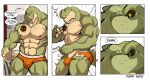  absurd_res anthro body_hair bulge chest_hair clothed clothing comic darknaigart dinosaur english_text facial_hair green_body hi_res jace_(darknaig) male muscular muscular_anthro muscular_male nipples orange_clothing orange_underwear pecs reptile scalie solo tattoo text theropod topless torn_clothing torn_underwear tyrannosaurid tyrannosaurus tyrannosaurus_rex underwear wardrobe_malfunction 