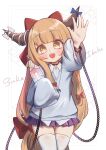  1girl :d absurdres alcohol alternate_costume arm_up black_choker blue_bow blue_sweater blunt_bangs blush bottle bow chain character_name choker collared_shirt commentary cowboy_shot fangs hair_bow highres holding holding_bottle horn_bow horn_ornament horns ibuki_suika long_hair long_sleeves looking_at_viewer miniskirt no_noru oni_horns open_mouth orange_hair purple_skirt red_bow shirt skirt sleeves_past_fingers sleeves_past_wrists smile solo sweater teeth thighhighs touhou upper_teeth_only very_long_hair white_bow white_shirt white_thighhighs yellow_eyes 
