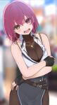  1girl black_bra black_gloves blurry blurry_background blush bra breasts fang fingerless_gloves gloves heart heart_necklace heterochromia highres hololive houshou_marine icehotmilktea jewelry large_breasts necklace official_alternate_costume open_mouth red_eyes red_hair short_hair sleeveless smile solo underwear virtual_youtuber yellow_eyes 