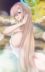  1girl absurdres ass asuna_(blue_archive) bad_anatomy bathing blonde_hair blue_archive blue_eyes blurry blurry_background blush breasts covering hair_over_one_eye halo highres large_breasts long_hair looking_at_viewer naked_towel nude nude_cover onsen smile solo steam towel vanko_(vank0a) very_long_hair water wet 