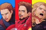  3boys arc_reactor arm_up armor avengers_(series) beard black_armor black_shirt blonde_hair blue_background blue_bodysuit blue_eyes bodysuit brown_eyes brown_hair captain_america commentary_request facial_hair full_armor heterochromia iron_man light_brown_hair long_hair looking_at_viewer looking_to_the_side male_focus marvel multiple_boys open_mouth power_armor qin_(7833198) red_armor red_background shield shirt short_hair steve_rogers superhero teeth thor_(marvel) tongue tony_stark upper_body v-shaped_eyebrows yellow_background 