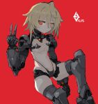  1girl android black_panties blonde_hair breasts commentary_request expressionless feet_out_of_frame hair_between_eyes highleg highleg_panties joints looking_at_viewer mechanical_arms mechanical_legs medium_hair navel orange_eyes original panties red_background robot_girl robot_joints shimosuke small_breasts solo underwear v 