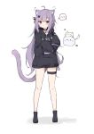  1girl absurdres animal_ears black_choker black_hoodie cat_ears cat_girl cat_tail choker full_body hayashi_maka highres hood hood_down hoodie light_purple_hair long_hair looking_at_viewer no_pants o-ring o-ring_choker original purple_eyes simple_background sleeves_past_fingers sleeves_past_wrists spoken_blush standing tail very_long_hair white_background 