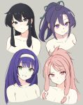  4girls aura_(aurapls) ayra_(fire_emblem) bare_shoulders black_eyes black_hair breasts cleavage collarbone earrings fir_(fire_emblem) fire_emblem fire_emblem:_genealogy_of_the_holy_war fire_emblem:_radiant_dawn fire_emblem:_the_binding_blade fire_emblem:_the_sacred_stones green_eyes hair_between_eyes hair_ribbon hairband highres jewelry long_hair marisa_(fire_emblem) mia_(fire_emblem) multiple_girls pink_eyes pink_hair ponytail purple_eyes purple_hair ribbon sidelocks smile upper_body white_hairband 