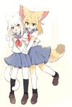  2girls animal_ear_fluff animal_ears animal_hands beru_(kuro_kemo28) black_eyes black_socks blonde_hair blue_skirt brown_footwear brown_hair cat_ears cat_girl cat_tail fox_ears fox_girl fox_tail full_body furry furry_female head_tilt highres long_hair looking_at_viewer multiple_girls neckerchief original pleated_skirt red_neckerchief sailor_collar school_uniform serafuku shirt shoes short_hair skirt smile snout socks tail tail_around_leg white_hair white_shirt 