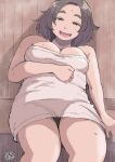  1girl :d absurdres breasts brown_eyes brown_hair dated hadashi_no_kenji highres large_breasts looking_at_viewer medium_hair naked_towel sauna sitting smile solo sweat thick_eyebrows towel 