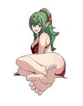  1girl artist_name ass barefoot bikini blush breasts byzuko cleavage commentary crossed_bangs embarrassed english_commentary eyelashes fang feet fire_emblem fire_emblem_awakening fire_emblem_heroes foot_focus full_body green_eyes green_hair hair_between_eyes hair_ribbon headpiece highres large_breasts legs legs_together long_hair looking_at_viewer official_alternate_costume open_mouth pointy_ears ponytail red_bikini red_ribbon ribbon sidelocks simple_background sitting soles solo spread_toes swimsuit thighs tiki_(adult)_(fire_emblem) tiki_(fire_emblem) toenails toes white_background 