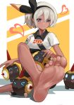  1girl absurdres barefoot bea_(pokemon) blonde_hair dark-skinned_female dark_skin falinks feet foot_focus grey_eyes hair_between_eyes hairband he_c92 highres pokemon pokemon_(game) pokemon_swsh simple_background smile soles toes 